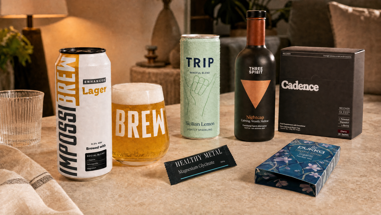 Calming drinks including IMPOSSIBREW Enhanced Lager, TRIP, Three Spirit, Cadence, Healthy Metal and Pukka Night Time
