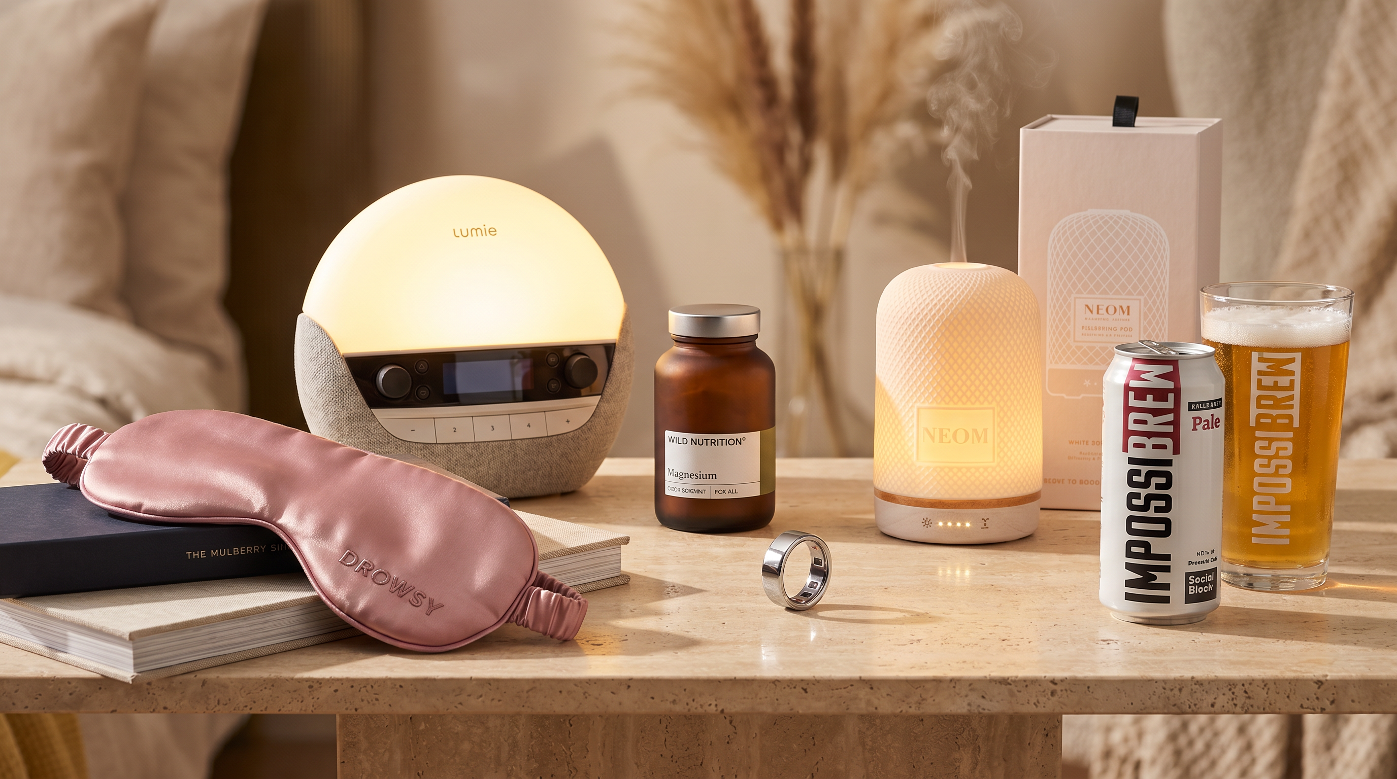 Generated editorial hero image using the listed wellness product references, including Lumie, Drowsy, NEOM, Wild Nutrition, Oura and IMPOSSIBREW