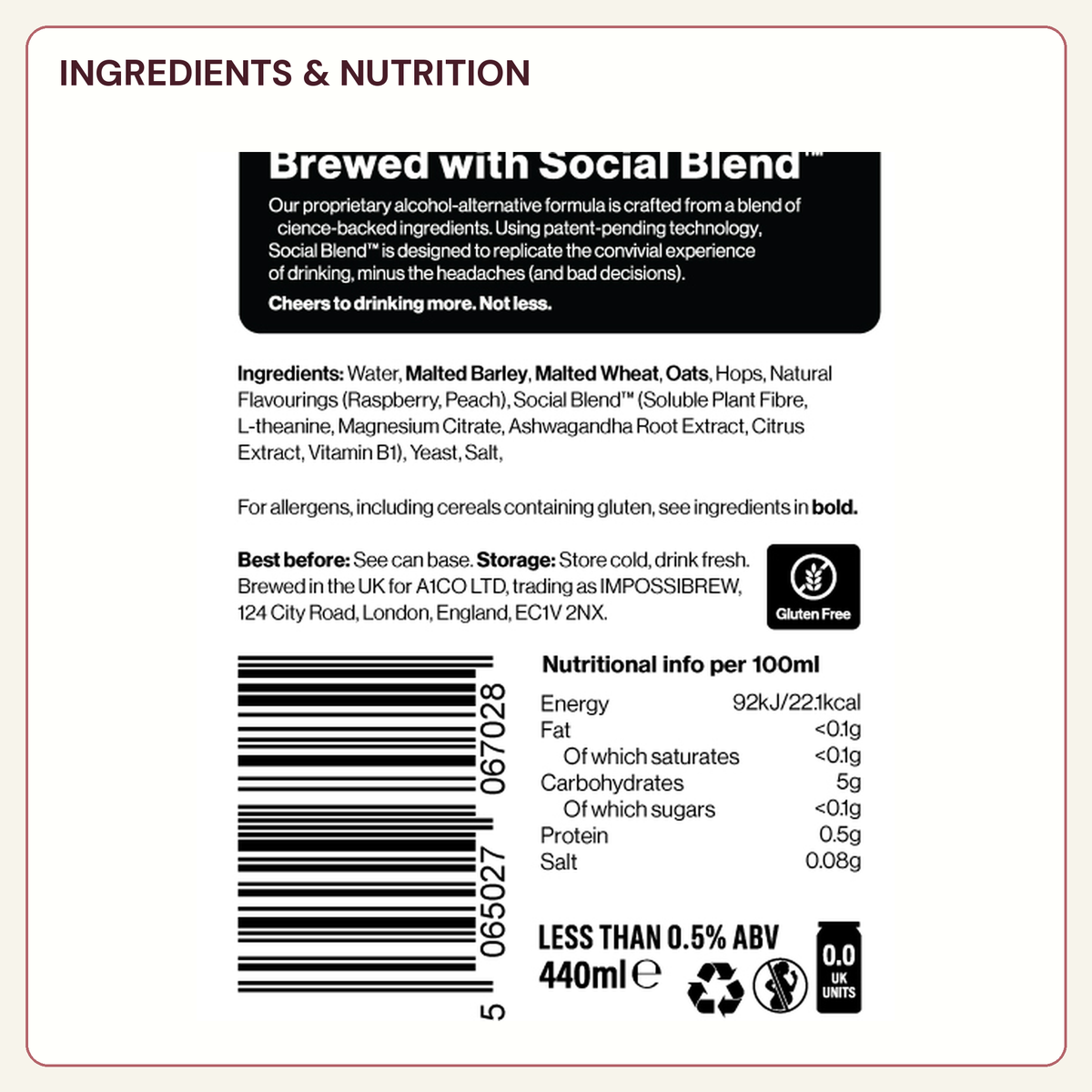 Peach Berry Sour ingredients nutrition gluten-free mark and barcode from the final label