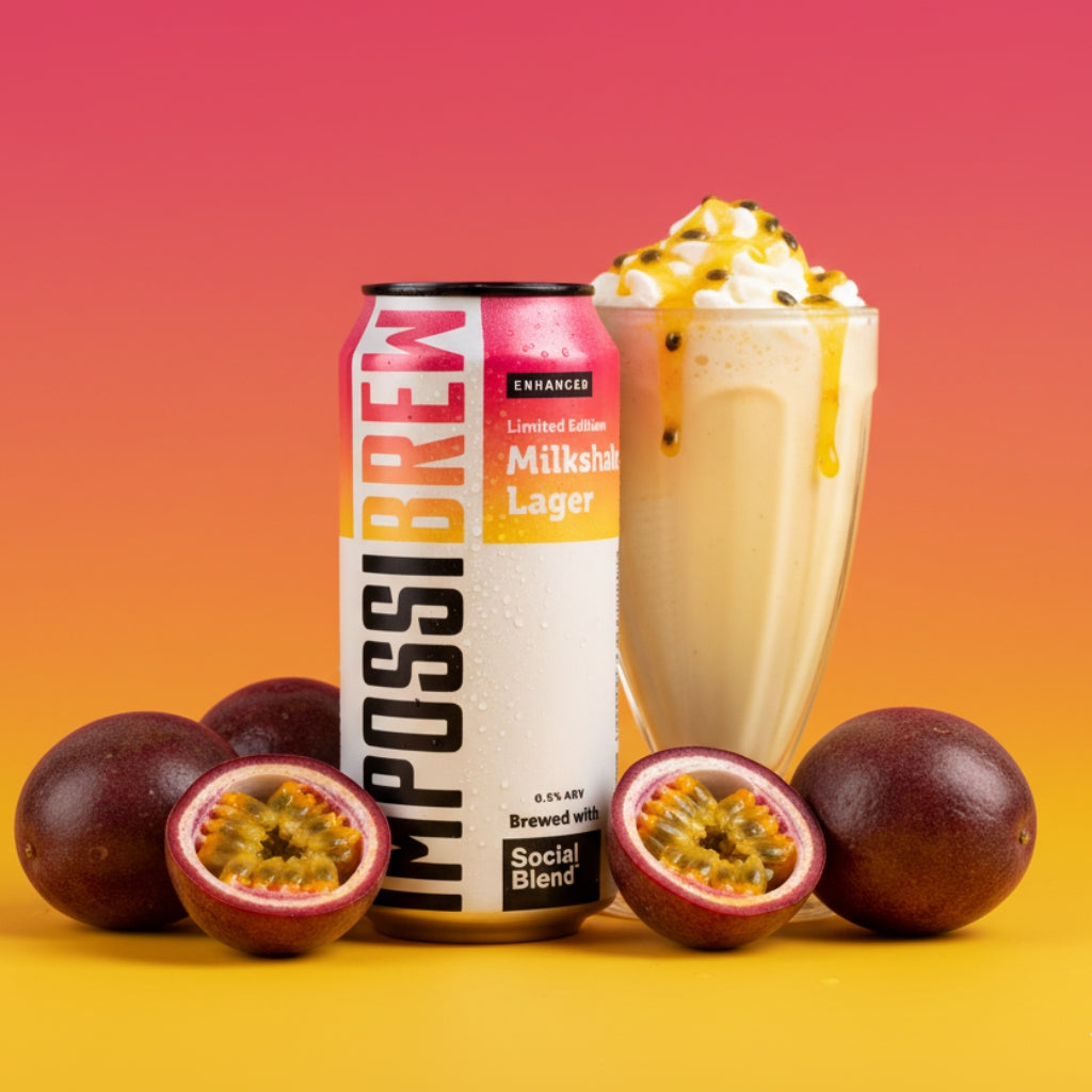 ImpossiBrew Milkshake Lager can with a milkshake and passion fruits on a gradient background