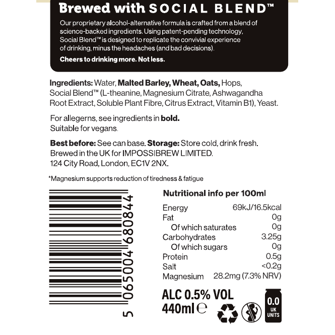 IMPOSSIBREW Brut IPA Ingredients and Nutritional Information