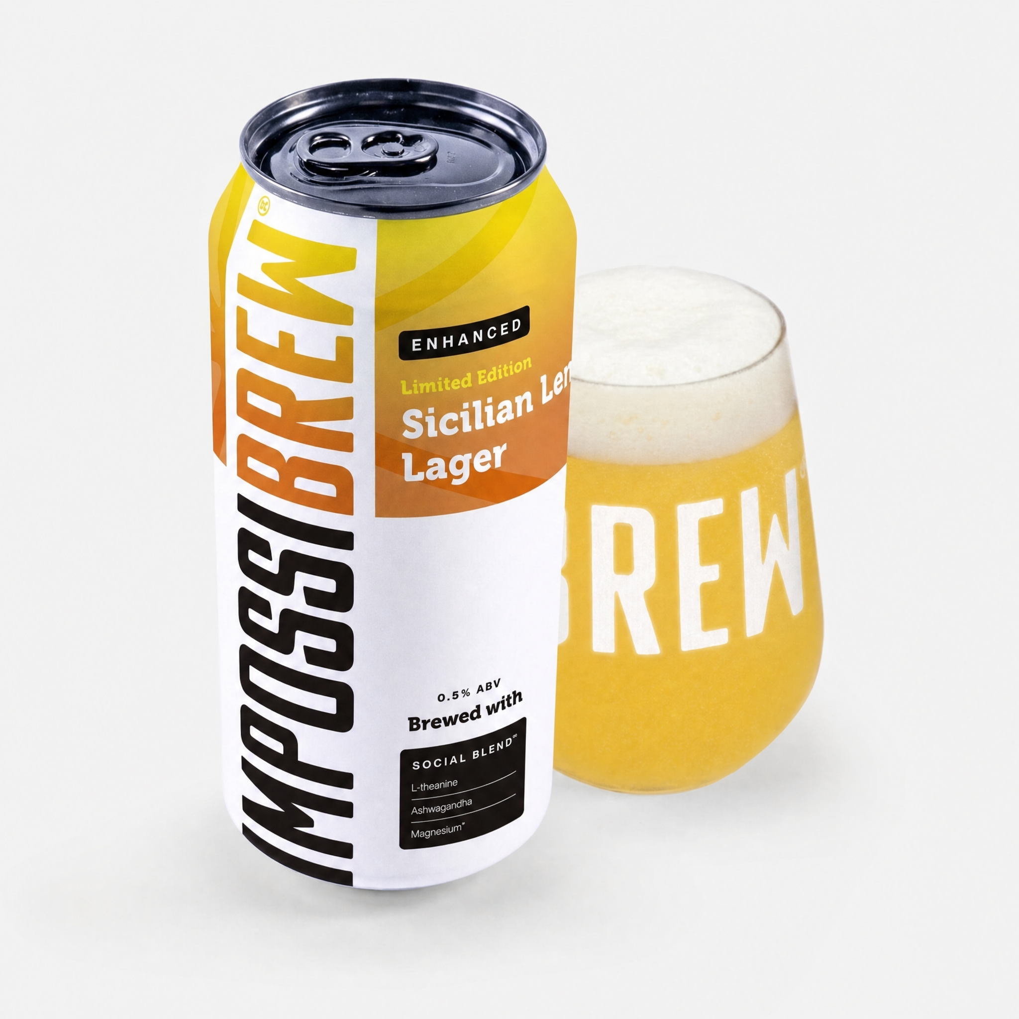 IMPOSSIBREW Sicilian Lemon Lager can with naturally hazy beer in Signature Glass