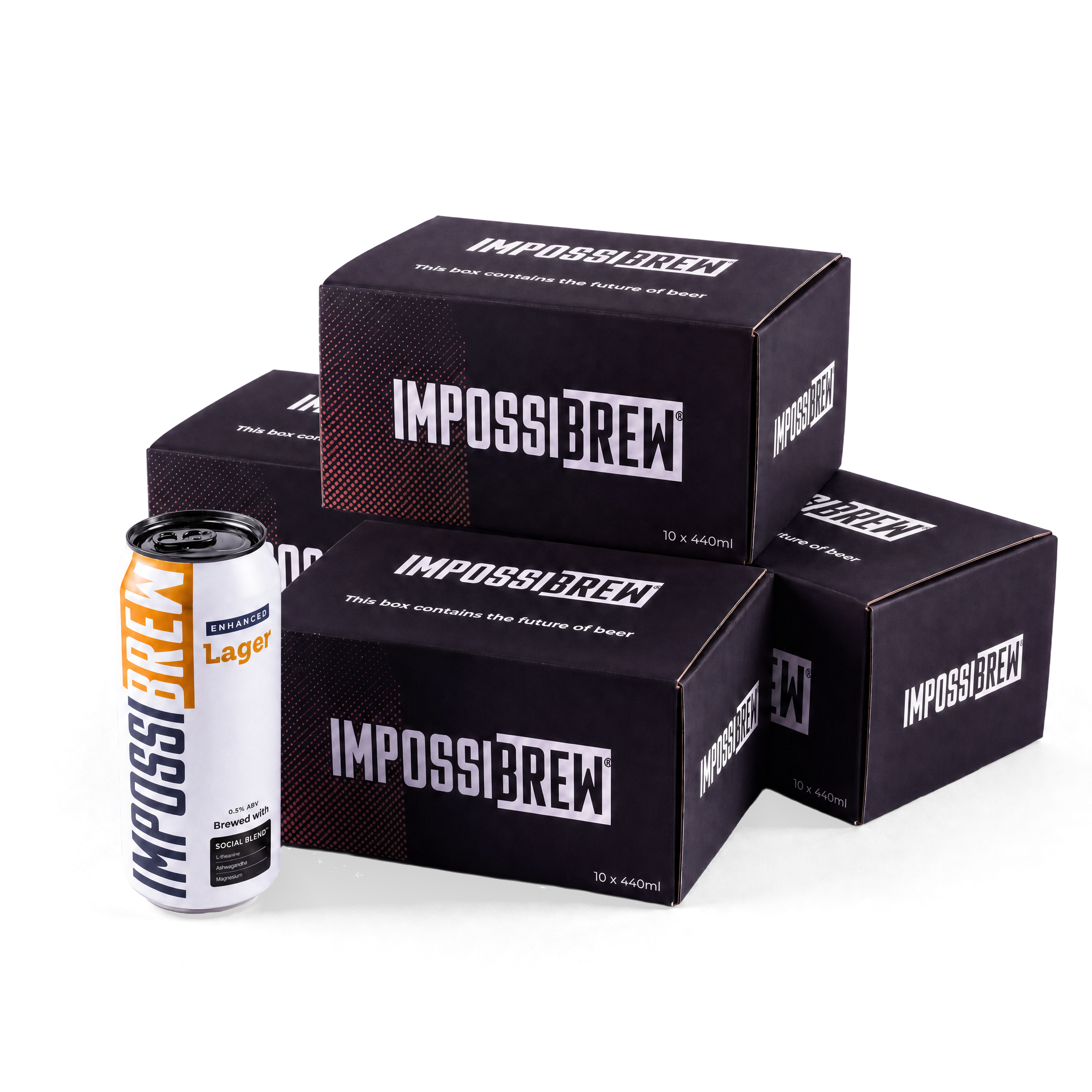 IMPOSSIBREW Enhanced Lager 40-can quantity image - four 10-pack cartons and one can