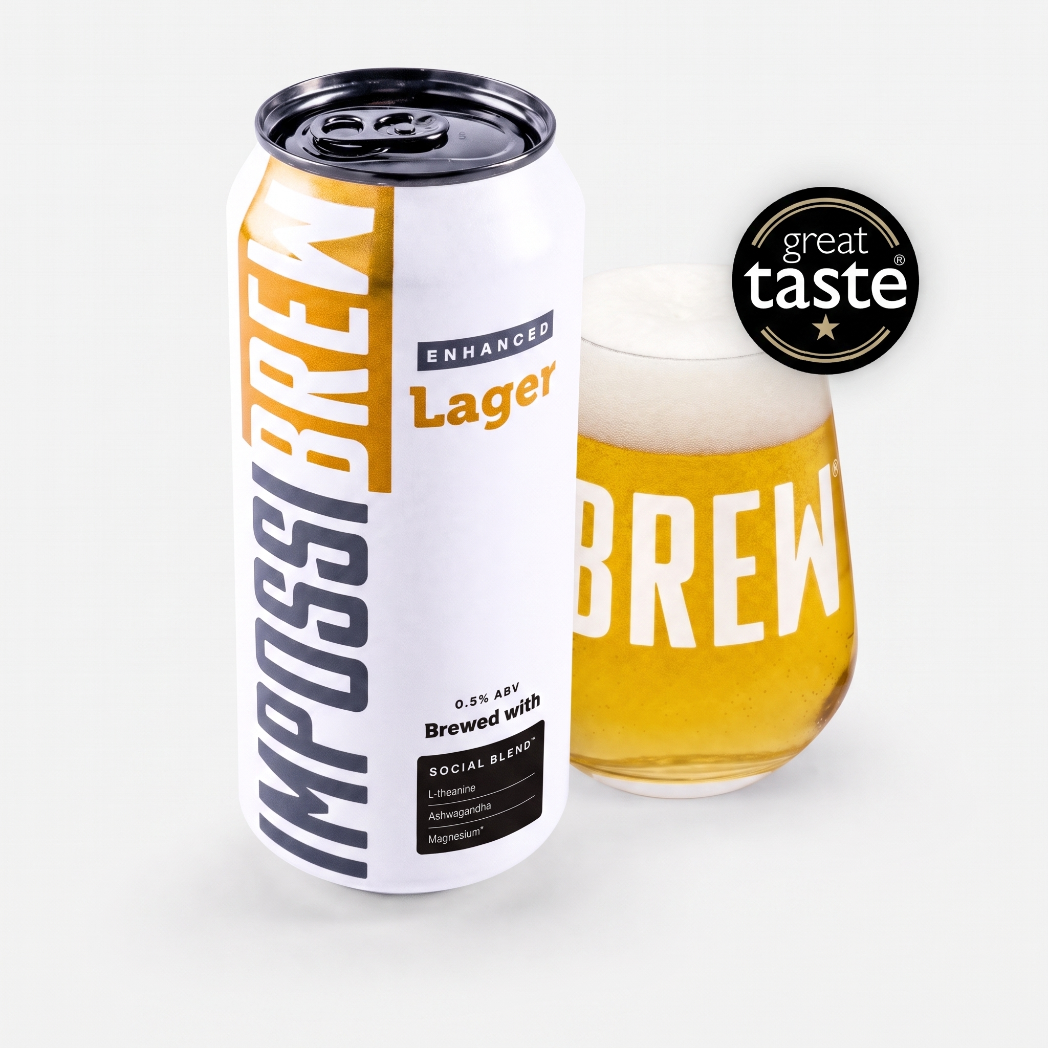 IMPOSSIBREW Enhanced Lager can and glass with Social Blend 2.0 panel