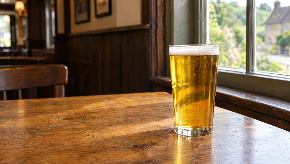 An unbranded glass of golden beer on a wooden pub table