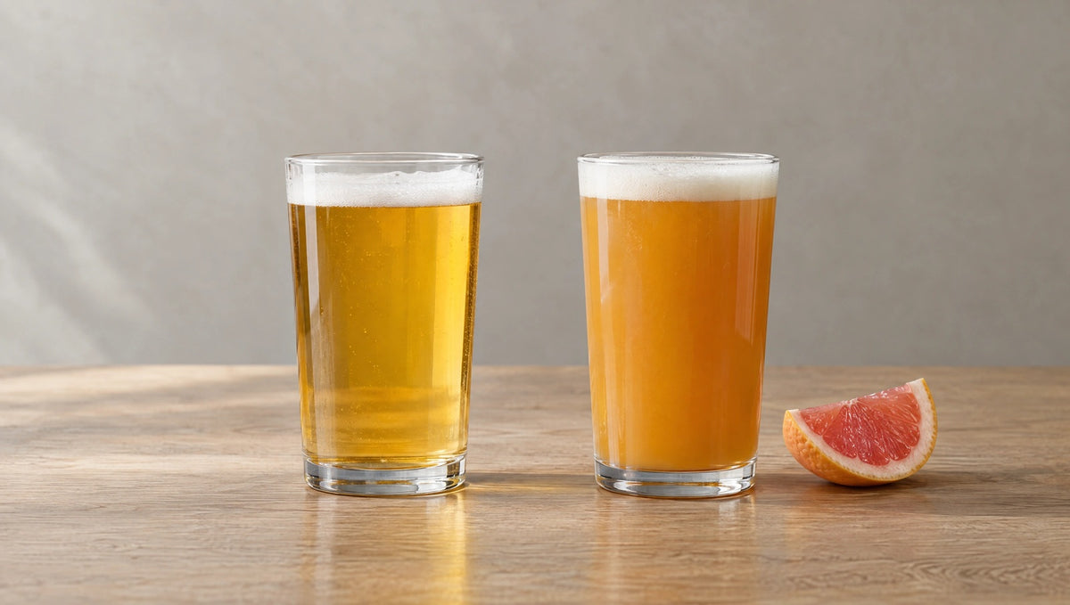 Unbranded glasses of clear golden beer and hazy amber beer, beside a grapefruit segment