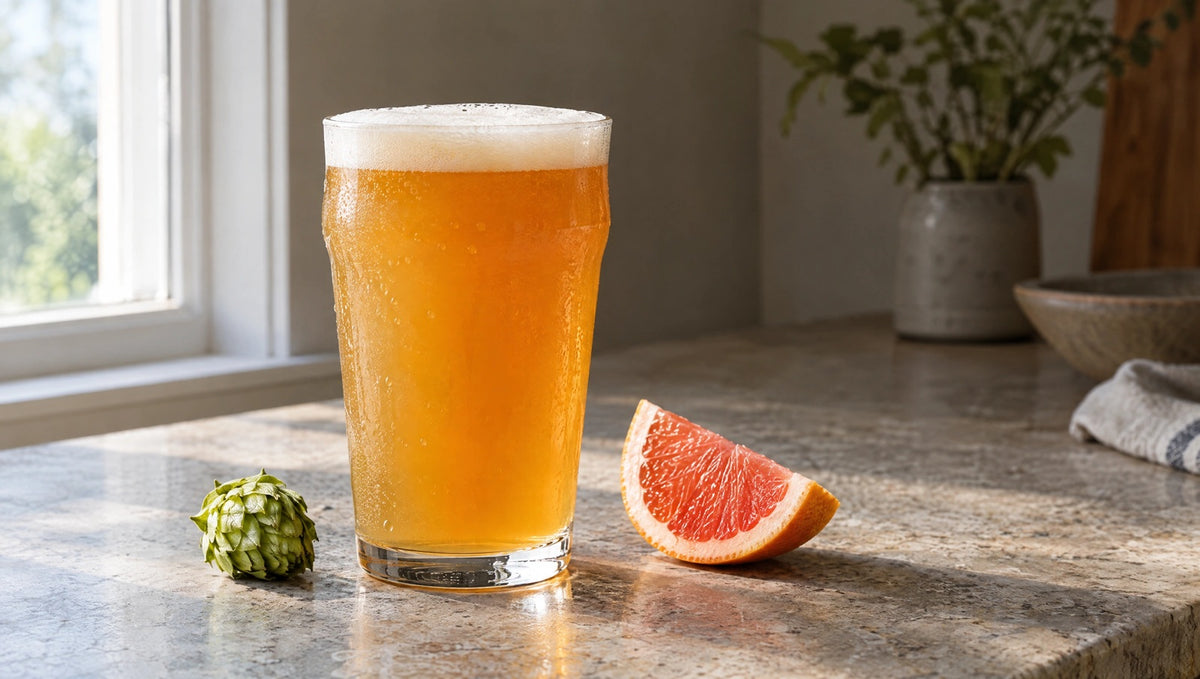 An unbranded glass of hazy amber beer with a hop cone and grapefruit segment