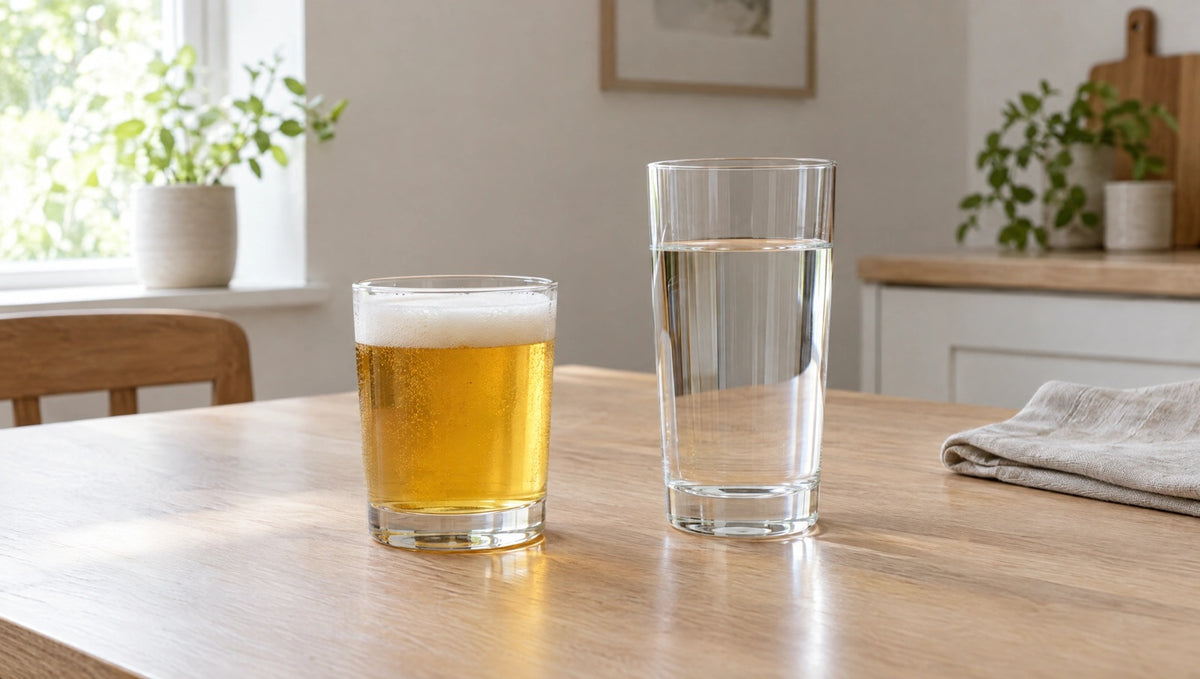 A short glass of beer beside a taller glass of plain water