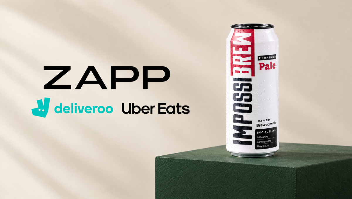 An IMPOSSIBREW Enhanced Pale can on a green plinth beside the official Zapp, Deliveroo and Uber Eats logos.