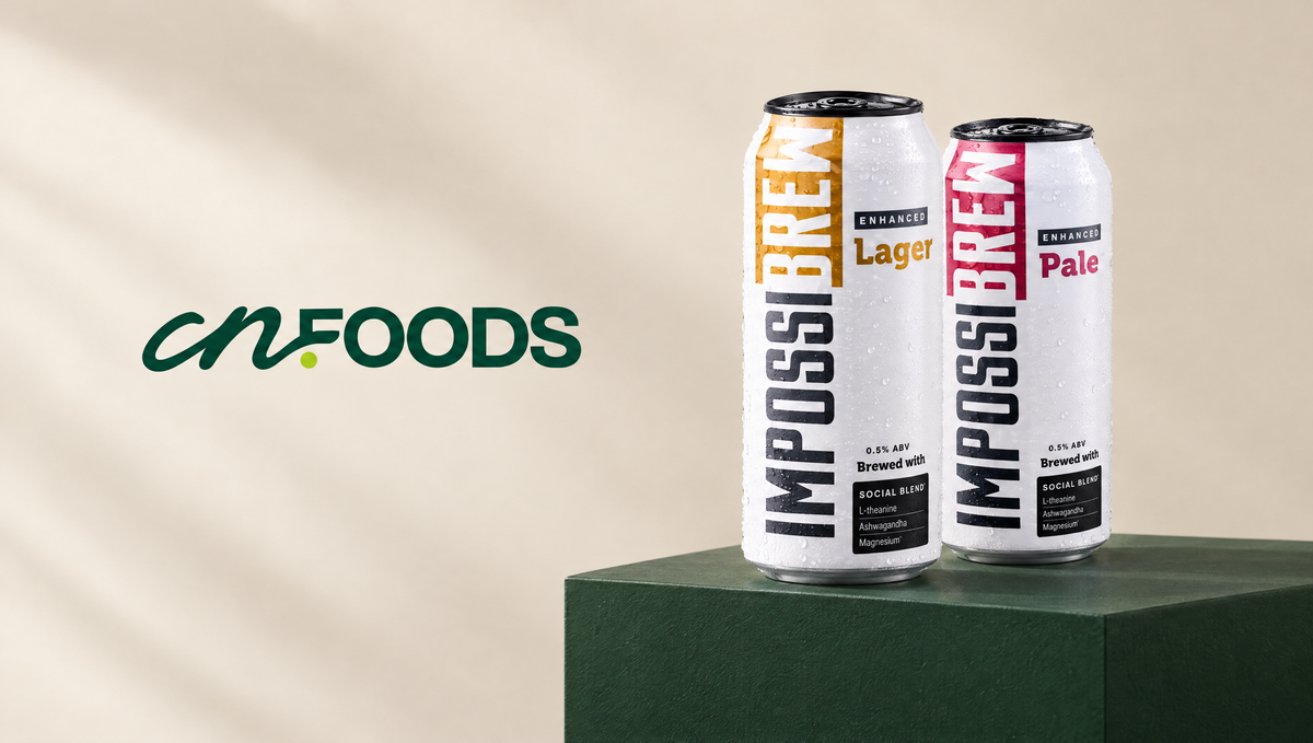 IMPOSSIBREW Enhanced Lager and Enhanced Pale cans on a green plinth beside the CN Foods logo.