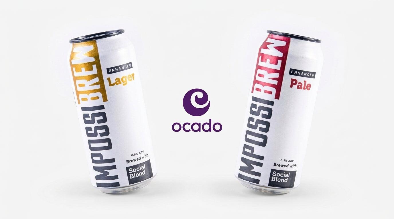 IMPOSSIBREW Enhanced Lager and Enhanced Hazy Pale cans alongside the Ocado logo