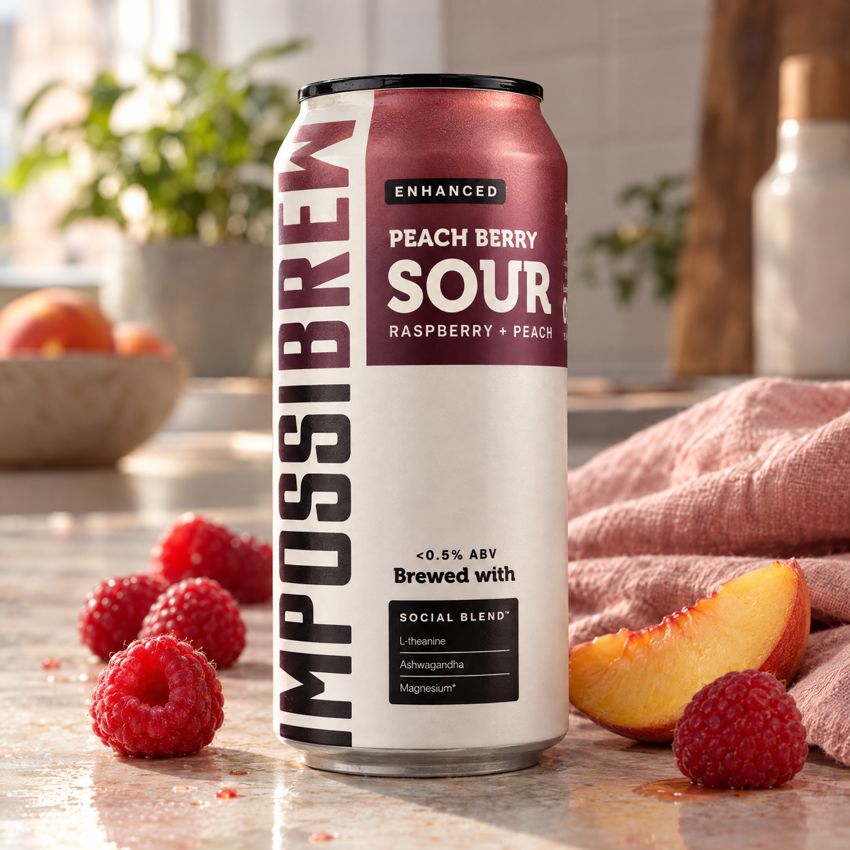 IMPOSSIBREW Peach Berry Sour kitchen editorial with fresh peach and raspberries