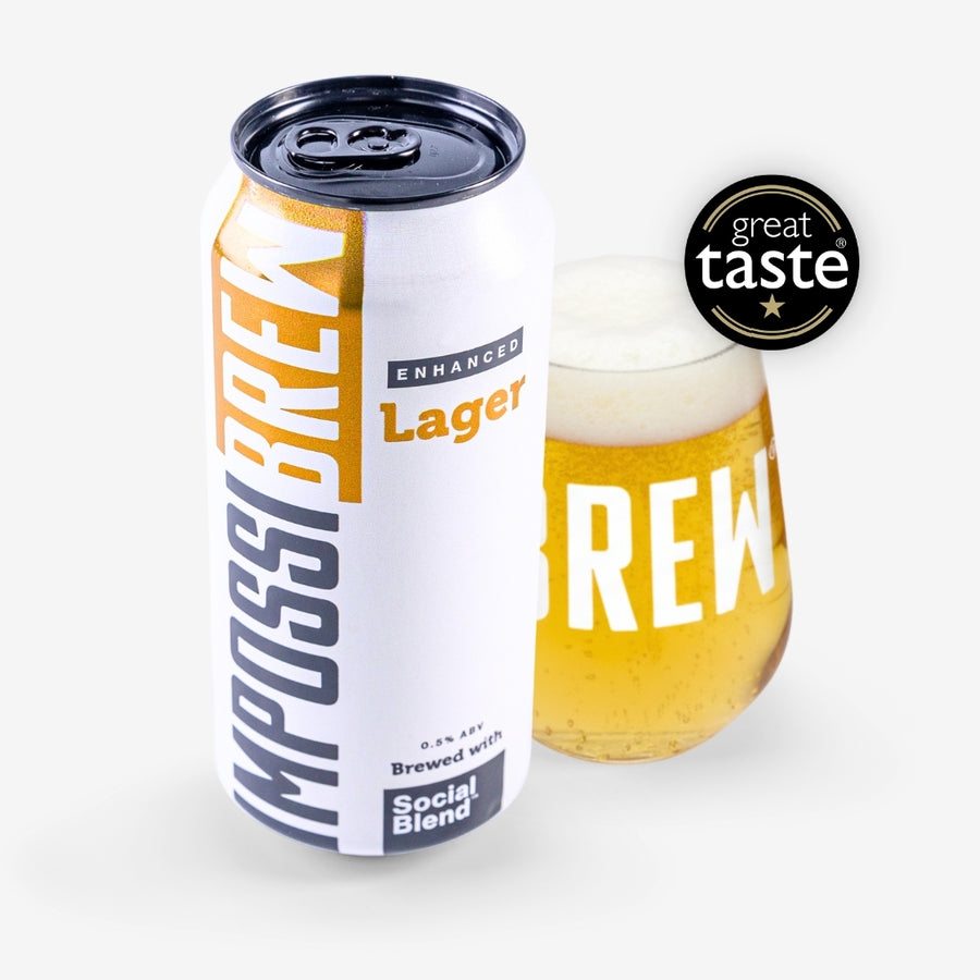 IMPOSSIBREW Enhanced Lager 440ml can and glass
