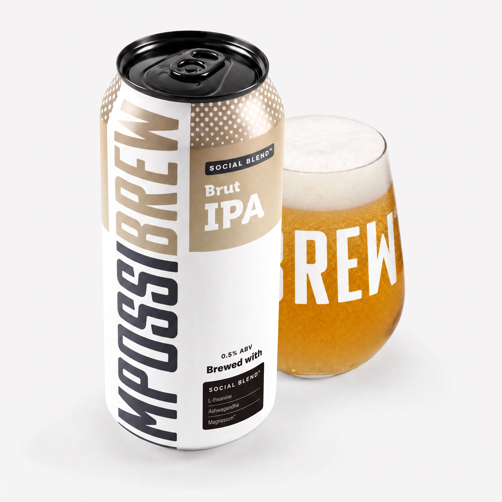 IMPOSSIBREW BRUT IPA can and glass with Social Blend 2.0 panel