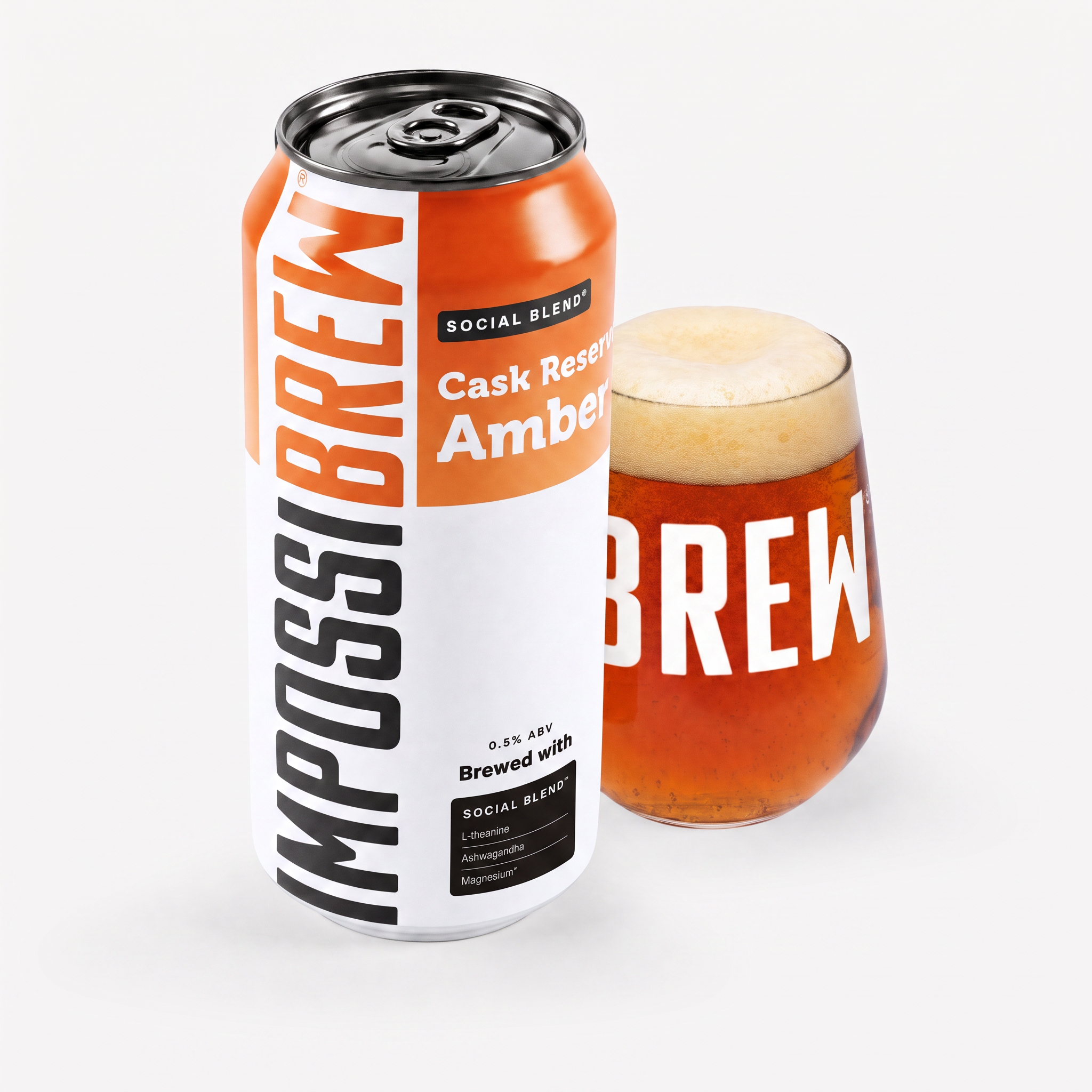 IMPOSSIBREW Cask Reserve Amber can and glass with Social Blend 2.0 panel