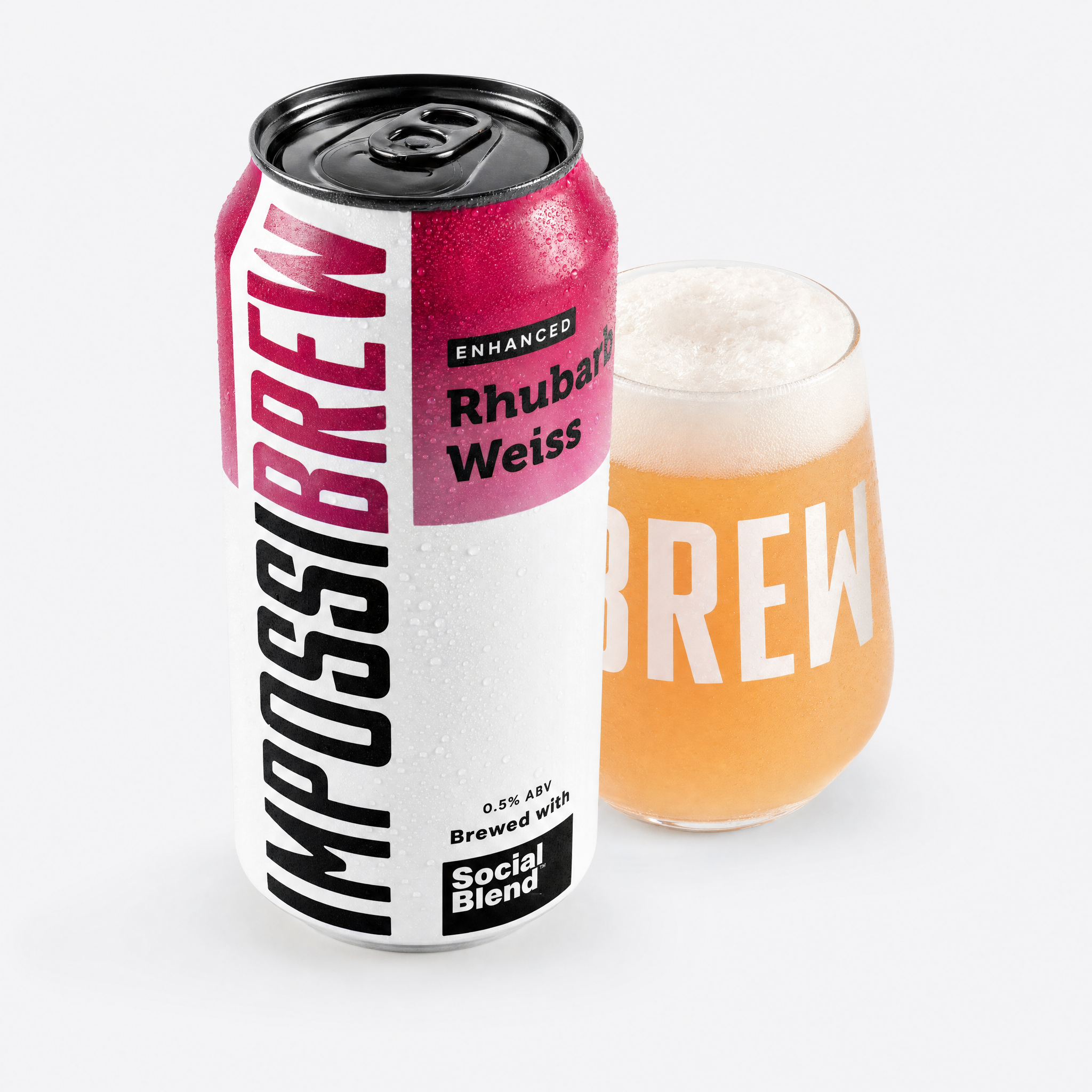 IMPOSSIBREW Rhubarb Weiss can and glass PDP hero - bright 2026