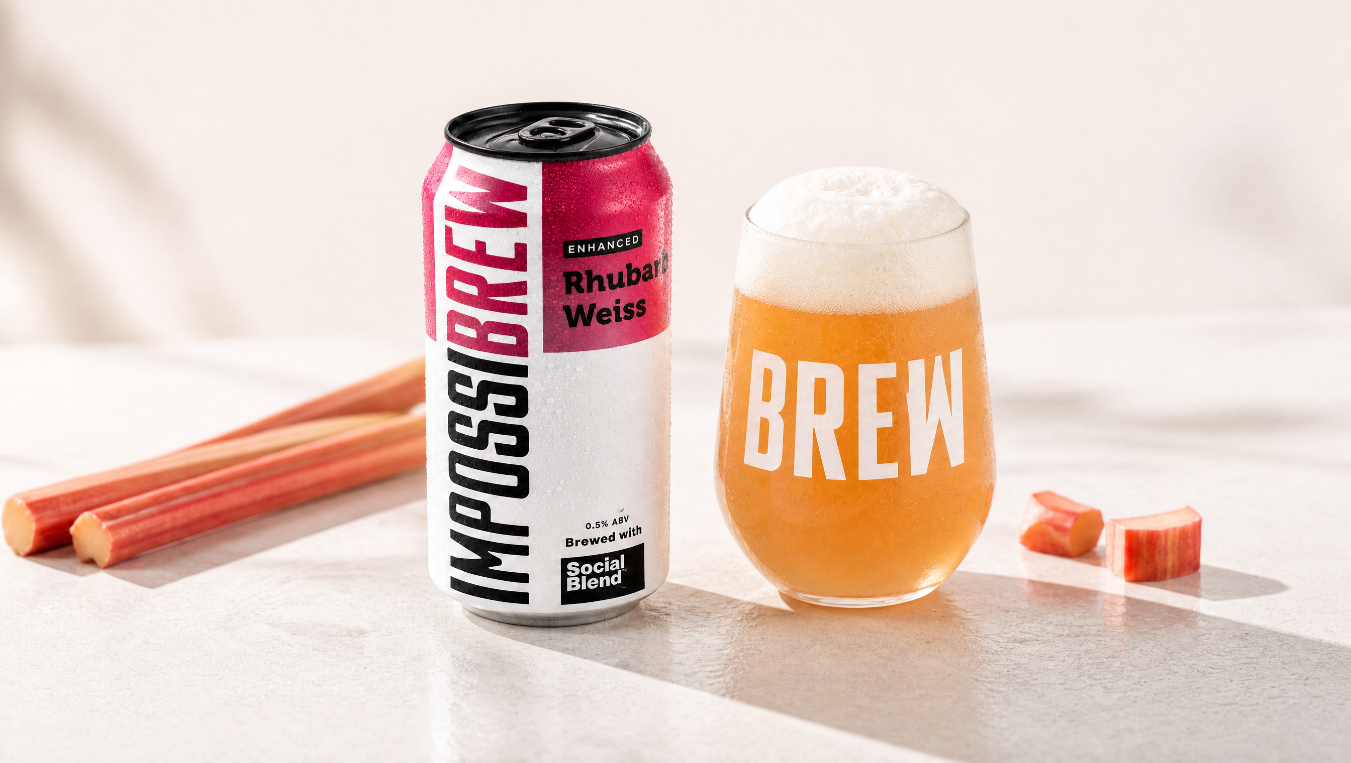 Rhubarb Weiss PDP support - wide can and glass lifestyle