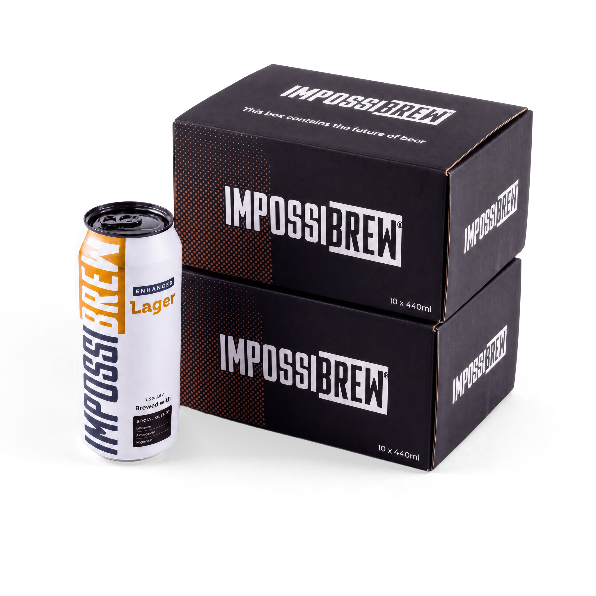 IMPOSSIBREW Enhanced Lager 20-can quantity image - two 10-pack cartons and one can