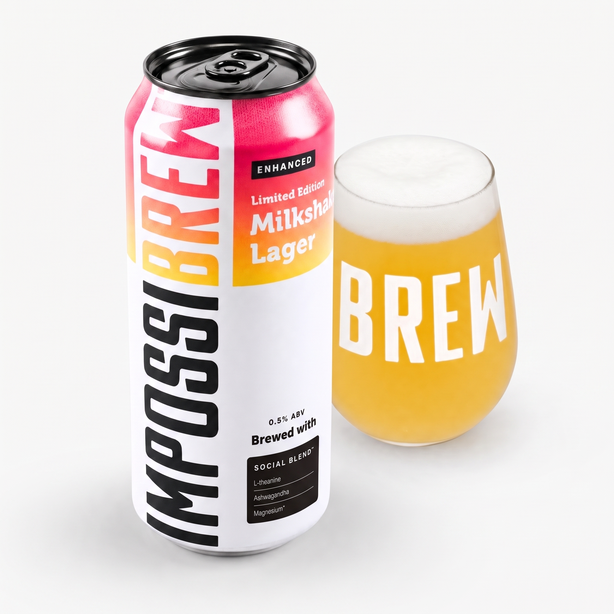 IMPOSSIBREW Milkshake Lager can and glass with Social Blend 2.0 panel