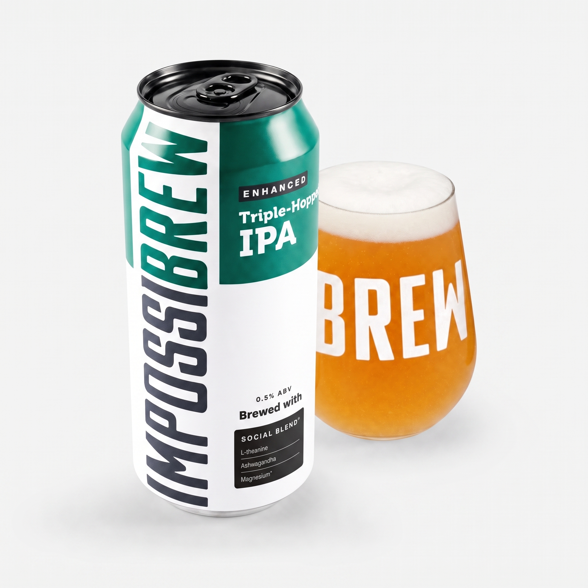 IMPOSSIBREW Triple-Hopped IPA can and glass with Social Blend 2.0 panel