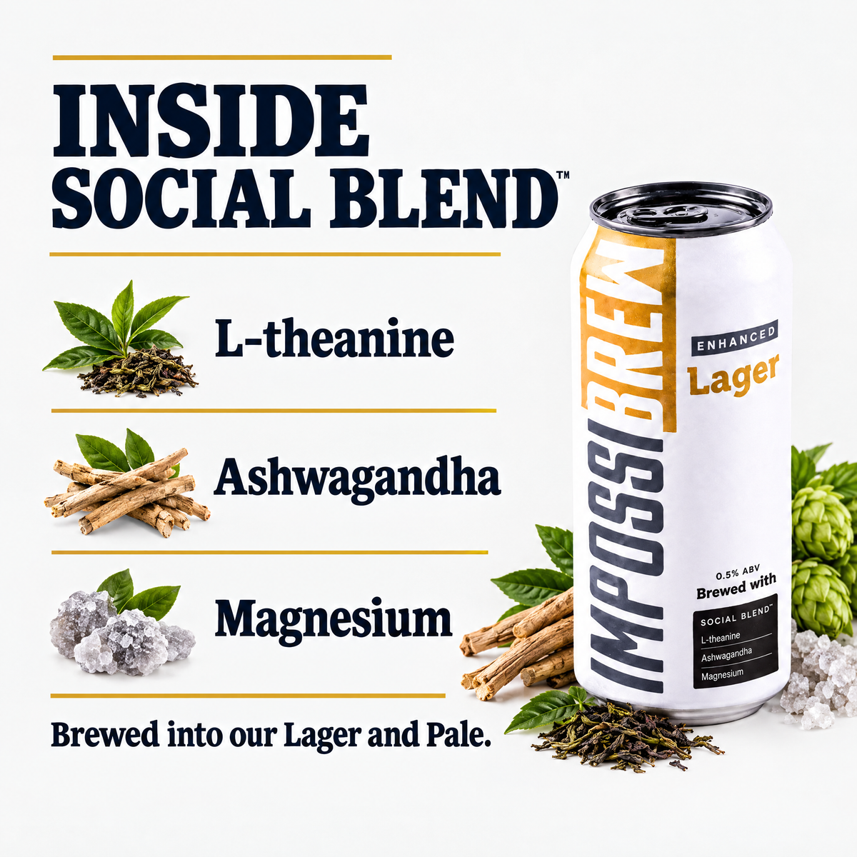 Inside Social Blend: L-theanine, Ashwagandha and Magnesium. Brewed into our Lager and Pale.
